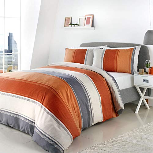 Fusion - Orange Wide Stripe Duvet Cover - Super King Size (260x220cm) - Contemporary Stripe Design in Terracotta & Grey - Orange/Grey Lined Bedding Set with 2 Pillowcases - Betley Classic Collection