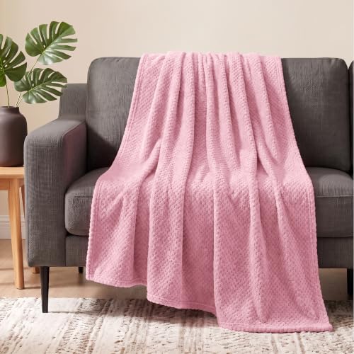 PAVILIA Light Pink Fleece Throw Blanket for Couch Sofa Bed, Soft Fuzzy Waffle Jacquard Microfiber, Warm Lightweight Fade-Resistant Decorative All Season Throw, 50x60