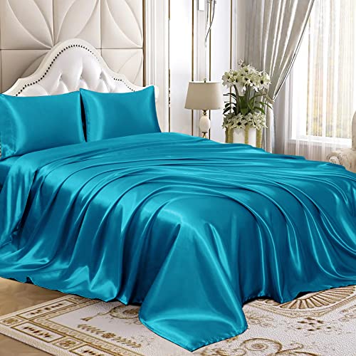 Homiest Twin Turquoise Deep Pocket Satin Sheets, 3-Piece - 15-Inch Deep Pocket Design, Silky Soft for Hair And Skin, Wrinkle And Fade Resistant, Machine Washable, Glossy Finish
