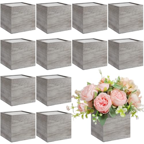 Suzile 12 Set 4 Inch Wooden Planter Box Flower Square Vases for Centerpiece Rustic Cube Planter Box with Removable Foam Blocks Liner Square Vase Craft for Garden Home(Light Brown)
