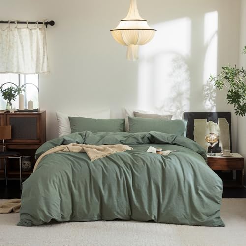 FOSSA Duvet Cover Set 100% Washed Cotton Linen Feel Full - Super Soft Breathable Lightweight & All Season Bedding Set with Hidden Zipper & 8 Corner Ties (Heathered Green)