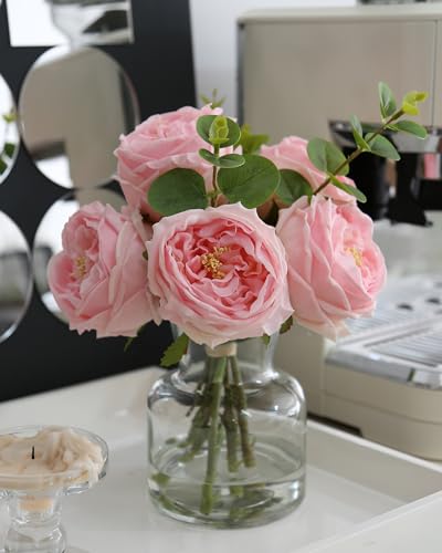 CHASMILE Artificial Flowers with Pink Roses in Vase, Lifelike Fake Flowers in Vase, Faux Flower Arrangements for Dining Table Centerpiece Decor, Table Centerpieces for Dining Room