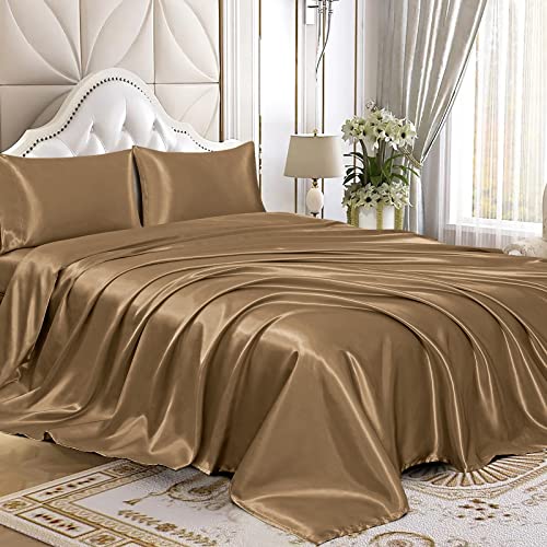 Homiest King Camel Brown Deep Pocket Satin Sheets, 4-Piece - 15-Inch Deep Pocket Design, Silky Soft for Hair And Skin, Wrinkle And Fade Resistant, Machine Washable, Glossy Finish