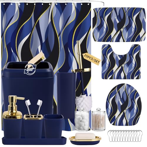XLHOMO Bathroom Set - Blue and Gold Bathroom Accessories, Bathroom Sets with Shower Curtain and Rugs, Navy Blue Shower Curtain Set with Bathroom Trash Can, Soap Dispenser, Soap Dish for Home Decor