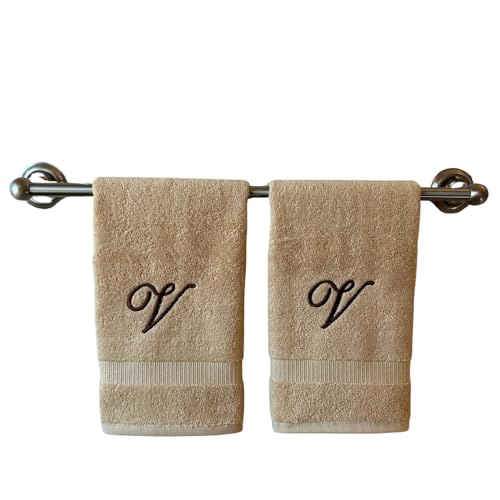 Beige Monogrammed Hand Towels for Bathroom - Luxury Hotel Quality Personalized Initial Embroidered Towel for Powder Room, Spa - GOTS Organic Certified - Set of 2 Brown Letter V