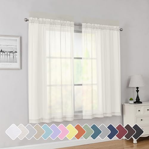 Simplebrand Ivory Short Sheer Curtains 45 Inch Length for Small Windows, Rod Pocket 2 Panels Set Solid Voile Drapes Window Sheer Curtains for Bedroom Bathroom Kids Room Kitchen, 42x45 Inch, Ivory