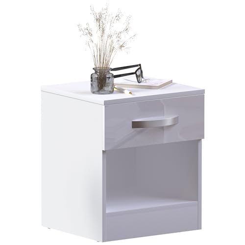 Vida Designs High Gloss 1 Drawer Bedside Rectangular Nightstand Cabinet, White, 36 cm D x 40 cm W x 47 cm H
