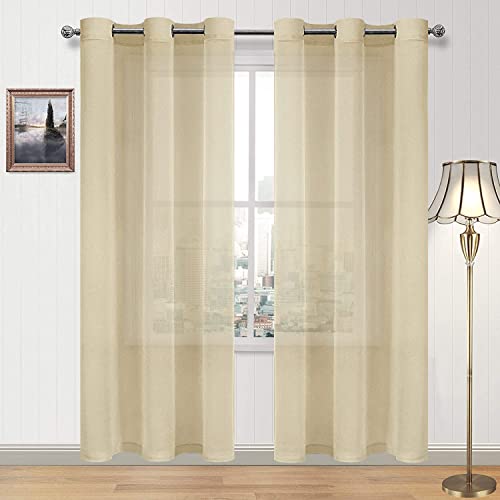 DWCN Beige Sheer Curtains for Living Room Bedroom - Faux Linen Look Voile Drapes Grommet Top Window Curtain Panel 46 x 84 Inch Length, Set of 2 Panels