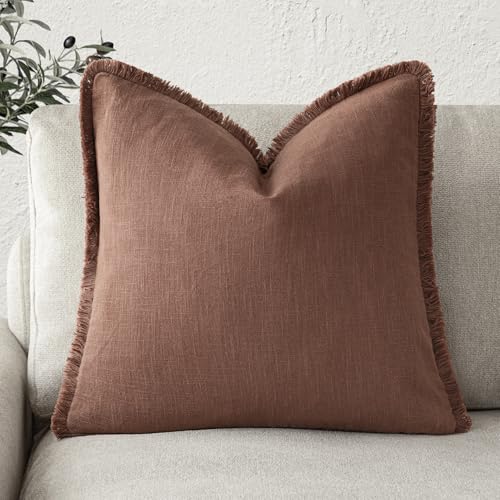 Foindtower Decorative Linen Fringe Throw Pillow Covers Cozy Boho Farmhouse Cushion Cover with Tassels Soft Accent Pillowcase for Chair Sofa Bed Living Room Home Decor, 16??16 Inch,1PC,Rust Red