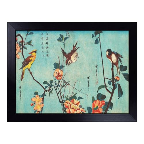Lap Tray with Bean Bag Cushion, Birds On A Cherry Blossom Tree By Utagawa - Handmade in the UK, Raised Wooden Edge, Padded Cushion, Heat-Resistant Wipe-Clean Surface, for Meals, Laptops and Crafts