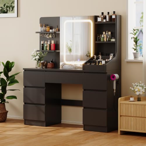 JUMMICO Dressing Table with Mirror and Power Strip,Adjustable Brightness