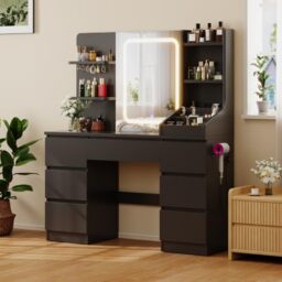 JUMMICO Dressing Table with Mirror and Power Strip,Adjustable Brightness