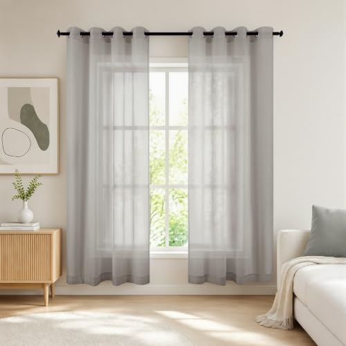 KOUFALL Gray Curtains 72 Inch Length for Bedroom Set of 2 Panels Grommet Window Faux Linen Semi Sheer Grey Curtains for Living Room 52x72 Inches Long