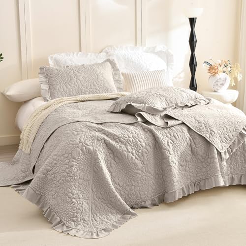 Lady Ann Queen Size Bedspread Set 102 * 118, Linen Feel Stone-Washed Ruffled Quilted Coverlet, 3 Pcs Crinkled Quilt SetShabby and Chic Blanket Farmhouse Rustic Bedding Set Lightweight
