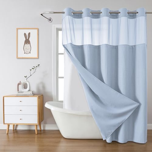No Hook Waffle Shower Curtain with Snap-in Liner, 60x74 Inch, Frost Blue - 230GSM waffle weave fabric, waterproof liner set with 2 bottom magnets, mesh window, washable, for shower stalls or bathrooms