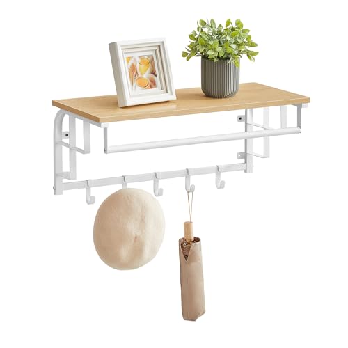 VASAGLE Coat Rack Wall-Mounted, Clothes Rail with 5 Removable Coat Hooks, Floating Shelf with Hanging Rail, for Hallway, Bedroom, Living Room, Golden Oak and Cloud White LCR012N01
