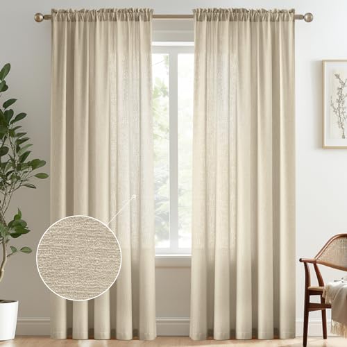 "Melodieux Tan Semi Sheer Curtains 96 Inches Long for Living Room, Bedroom Faux Linen Texture Farmhouse Rod Pocket Shiny Sheer Curtains Drapes Light Filtering, 52"" W x 96"" L, 2 Panels"