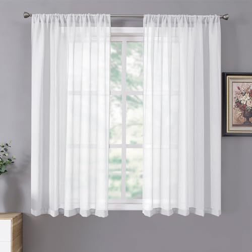 Tollpiz Short Sheer Curtain Linen Textured Living Room Curtains Sheer Light Filtering Rod Pocket Voile Curtain for Bedroom, 42 x 54 inches Long, White, Set of 2 Panels