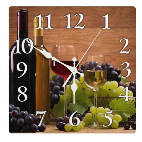 Britimes Square Wall Clock Silent Non-Ticking Battery Operated Clock 12 Inch, Glasses Red White Wine Grapes Home Decor for Living Room, Kitchen, Bedroom, and Office