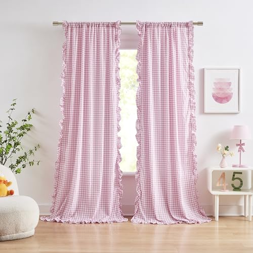 "ZJDECOR Buffalo Plaid Girls Room Curtain Panels 90 Inches Long,Farmhouse Not-See-Through Sheer Ruffle Drapes,Shabby Chic Window Treatment for Bedroom Living Room,Rod Pocket Top,40"" Wx90 L(Pack of 2)"