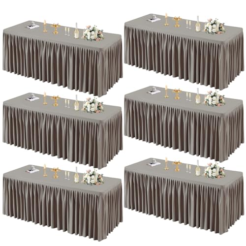 PARTISKY 6 Pack Natural Tablecloths for Rectangle Tables 6ft, Wrinkle Resistant Spandex Table Cover Fitted Stretch Table Cloth with Pleated Ruffle Skirts for Party Banquet Dining Birthday Wedding