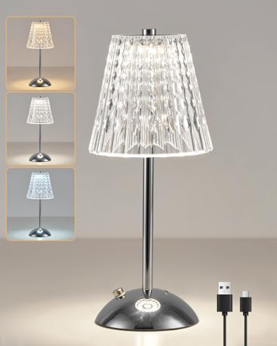 HARPER LIVING Rechargeable Table Lamp, LED Desk Lamp Battery Operated, 3 Colors and Dimmable, Bedside Reading Light Polished Chrome Finish, Cordless Touch Lamps for Bedroom Living Room Dining