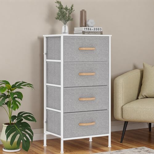 KU Syang Bedroom 4-Drawer Chest Storage Unit, MDF Top Adjustable Feet Anti-Tip Design for Bedroom Living Room, Size 45x30x91cm (17.7x11.8x35.8in), Light Gray