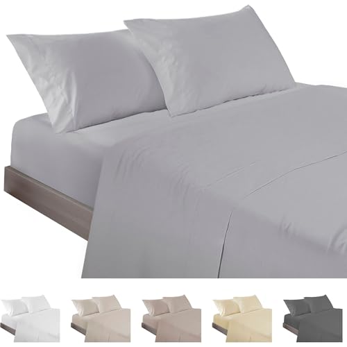 ECOMMERC3 - 3 Piece Sheet Set for 105 Bed Made in Spain - Sheet Set with Fitted Sheet, Top Sheet and 1 Pillowcase Silver Grey, Extra Soft and Lightweight Sheet