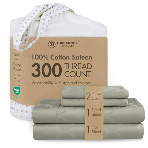 Threadmill 100% Cotton Sheets for King Size Bed - 4 Pc King Bed Sheets Set - Soft, Breathable Lightweight Damask Sateen for All-Season Use - Snug Fit Elastic Deep Pocket King Sheets - Sage