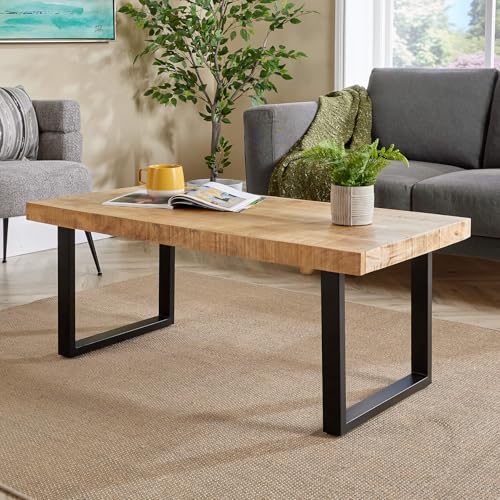 Home Source Mango Wood Coffee Table, Black Metal Legs, 112cm