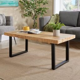 Home Source Mango Wood Coffee Table, Black Metal Legs, 112cm