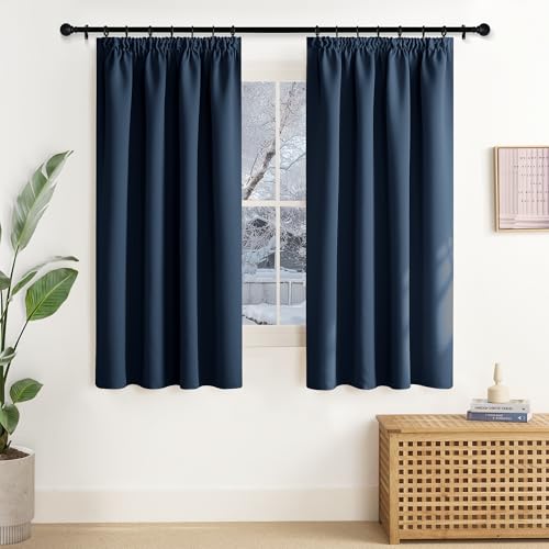NICETOWN Dark Blue Curtains, Opaque Ruffle Tape, Set of 2, 137 x 140 cm (H x W), Blackout Curtains, Heat Protection, Thermal Curtain Against Heat, Window Curtains, Short Blackout