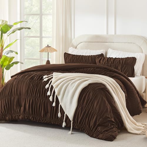 Andency Ruched Brown Queen Size Comforter Set, Shabby Chic Pleated Bedding Sets 3 Pieces, Lightweight Soft Boho Ruffle Bed Set for Girls, Kids, Women, All Season