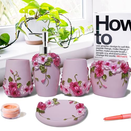 LUANT Vintage Pink 5Piece Bathroom Accessories Features, Soap Dispenser, Toothbrush Holder, Tumbler & Soap Dish - Bath Gift Set