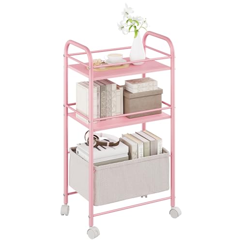 YITAHOME 3 Tier Storage Trolley, Rolling kitchen cart with Wooden board, Metal bracket and Woven Basket, storage trolly with Lockable Wheels, Handle, book cart for office, Living Room (Pink)