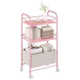 YITAHOME 3 Tier Storage Trolley, Rolling kitchen cart with Wooden board, Metal bracket and Woven Basket, storage trolly with Lockable Wheels, Handle, book cart for office, Living Room (Pink)
