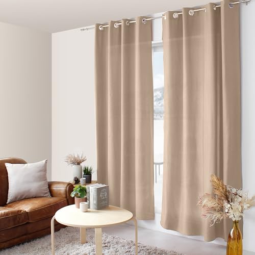 ED ENJOY HOME Natural Beige Curtain 140 x 240 cm, Metal Eyelets Microfibre Fabric, Cotton Voile Look, for Bedroom and Living Room