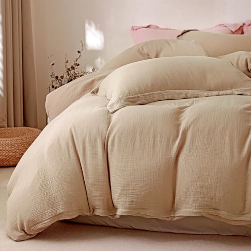 "MorroMorn Muslin Duvet Cover California King Size, 100% Cotton Comforter Cover Set, Ultra Soft 3 Pieces 2-Layer Gauze Duvet Cover with 2 Pillowcases, Breathable Linen Like, 98""x104"", Linen Beige"