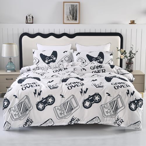 SDIII 3PCS White Gamer Duvet Cover Full Size, Bed in a Bag Gaming Bedding Full with Corner Ties and Zipper Closure, Wrinkle and Fade Resistant, Cute Duvet Cover for Boys, Girls and Teens, Full
