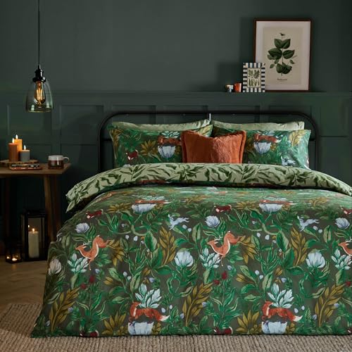 furn. Into The Woods Duvet Cover Set – Reversible Woodland Animal Cotton Blend Bedding Set (Forest Green - Single)
