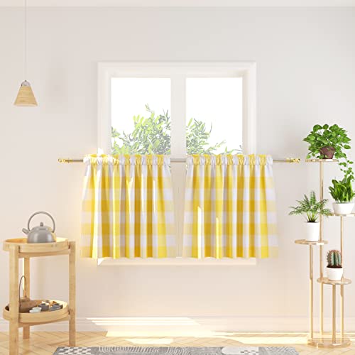 NATUS WEAVER Cafe Curtains 24 inches Long Buffalo Plaid Kitchen Tiers 2 Panels Rod Pocket Gingham Check Short Small Half Window Curtains Bathroom Yellow & White