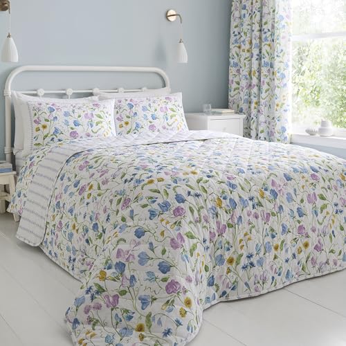 Dreams & Drapes Sweetpea Floral Quilted Bedspread 200 x 200cm Lilac – Textured Floral Design for Bedroom, Lightweight Bedspread
