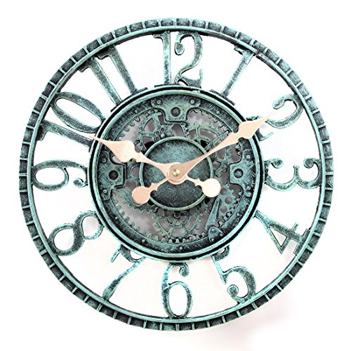 Lily's Home Hanging Wall Clock, Steampunk Gear and Cog Design with a Pewter Finish, Ideal for Indoor or Outdoor Use, Poly-Resin - 30 cm (12 Inches) Diameter