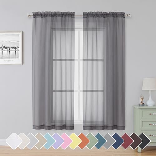 "Simplebrand Grey Sheer Curtains 63 Inch Length 2 Panels, Rod Pocket Solid Color Window Sheer Curtain Panels, Elegant Curtains & Drapes for Living Room, Bedroom 2 Panels (Charcoal Grey, 42"" W x 63"" L)"
