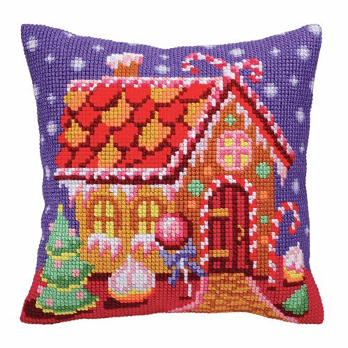 Collection D'Art 5391 Gingerbread Hut Cross Stitch Cushion, Cotton, Multi-Colour, 40 x 40 cm