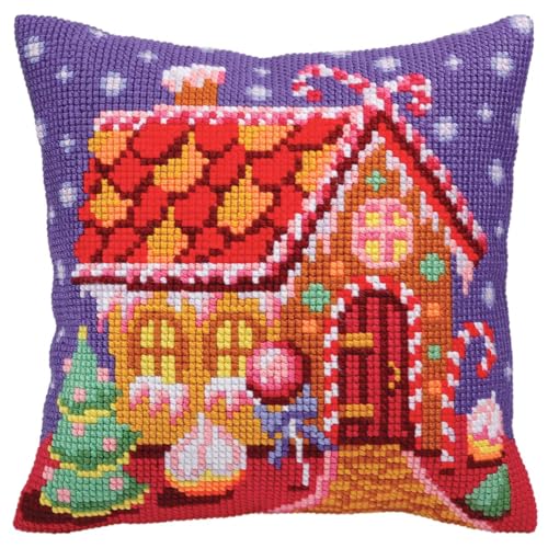 Collection D'Art 5391 Gingerbread Hut Cross Stitch Cushion, Cotton, Multi-Colour, 40 x 40 cm