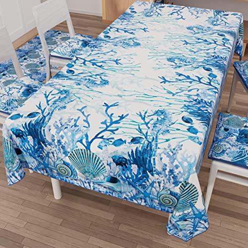 PETTI Artigiani Italiani - Stain Resistant Tablecloth Square 140x140 cm 4 Seats, Wipe Clean Microfibre Kitchen Table Cover, Blue Coral Design, 100% Made in Italy