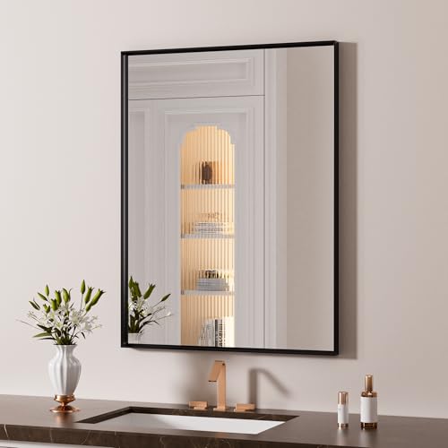 "LOAAO Black Bathroom Mirror 24""X30"" Rectangle Vanity Mirror - Tempered Glass, Hangs Vertically or Horizontally, Easy to Install, Wall Mounted, Modern Design"