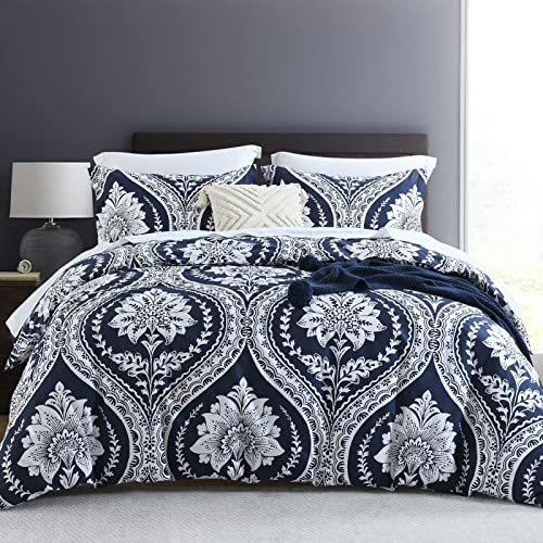 "CozyDH Cotton Duvet Cover Queen - 100% Cotton 400TC Navy Blue Duvet Cover Queen Size, Soft Breathable Queen Duvet Cover Set for All Season, Floral Damask Paisley 3pcs Bedding Set (Queen, 90""x90"")"