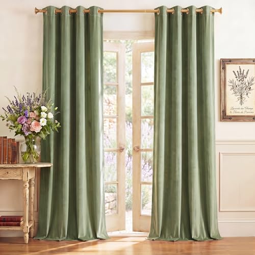 StangH Sage Green Curtains Velvet - Grommet Living Room Curtains 96 inches Long Room Darkening Privacy Protect Window Drapes for Sliding Door/Bedroom, W52 x L96, 2 Panels